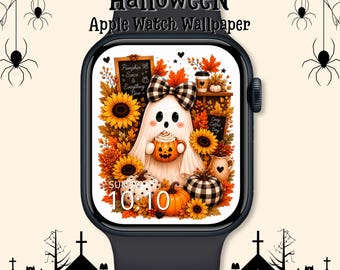 Cozy Ghost Apple Watch Wallpaper: Halloween Pumpkin Watch Face, Spooky Season (Digital Download)