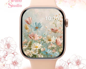 Fondo de pantalla para Apple Watch: Pradera de flores silvestres: Esfera floral primaveral, descarga digital de pintura al óleo.