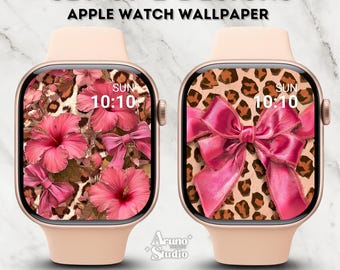 Esfera de Apple Watch con estampado de leopardo rosa: Fondo de pantalla digital Coquette Bow, juego de 2 diseños.