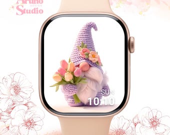 Fondo de pantalla para Apple Watch con diseño floral de gnomo de ganchillo: esfera de reloj primaveral, descarga digital en tonos pastel.