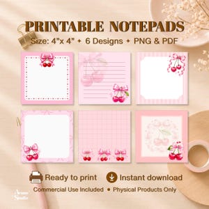 Può includere: Un set di sei blocchi note stampabili di 10,16 cm per 10,16 cm, con temi rosa e illustrazioni di ciliegie e nastri. I design includono spazi a righe, a quadretti e vuoti per scrivere, in formati di file PNG e PDF.