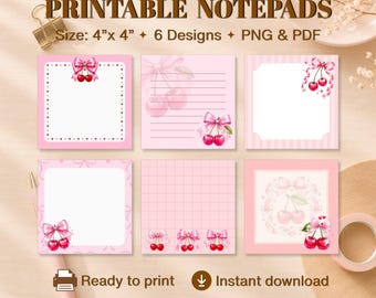 Cherry Bow Notepad Printable Bundle | Coquette Girl Memo Pad | Kawaii Stationery | Digital Download PNG PDF