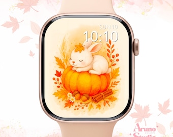 Cozy Bunny Apple Watch Wallpaper: Fall Pumpkin Watch Face, Woodland Art Digital Download