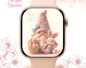 Fondo de pantalla de gnomo de Pascua de crochet para Apple Watch: esfera de primavera, descarga digital en tonos pastel