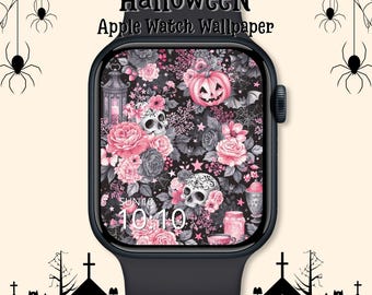 Pink Halloween Apple Watch Wallpaper: Gothic Floral Watch Face, Dark Academia Art Digital Download