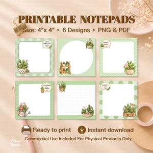 Può includere: Sei bloc-notes quadrati stampabili di 10,16 cm per 10,16 cm, con illustrazioni di cactus verdi, motivi a griglia e fumetti con frasi come Life is better with Plants, Cactus Lover, Less Stress More Cactus e Rooted In Love.