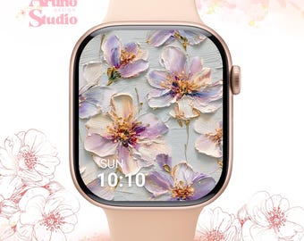 Fondo de pantalla de flores en tonos pastel para Apple Watch: Esfera de reloj floral en 3D, descarga digital de pintura al óleo.