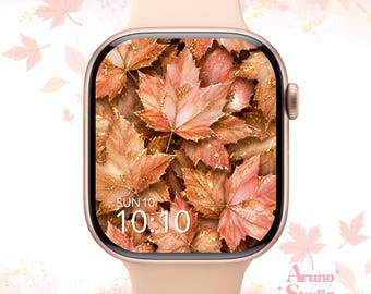 Pink Maple leaf Apple Watch Wallpaper: Fall Watch Face, Sparkling Rose Gold Background (Digital Download)