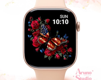 Fondo de pantalla de Apple Watch con mariposas y flores: Esfera de reloj con la bandera estadounidense, descarga digital vintage de primavera.