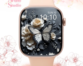 Fondo de pantalla 3D de mariposas florales para Apple Watch: esfera gótica, descarga digital monocromática.