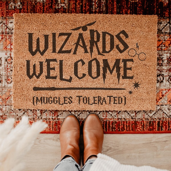 Wizards Welcome Muggles Tolerated | Funny Doormat | Movie Doormat | Homeowner Door Mat | Door Rug | Housewarming Gift | Funny Mat
