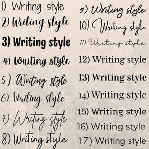 Puede incluir: Un fondo beige muestra diecisiete variaciones de la frase "Writing style" en diferentes fuentes y estilos. El texto es negro, con n&uacute;meros precediendo el texto.