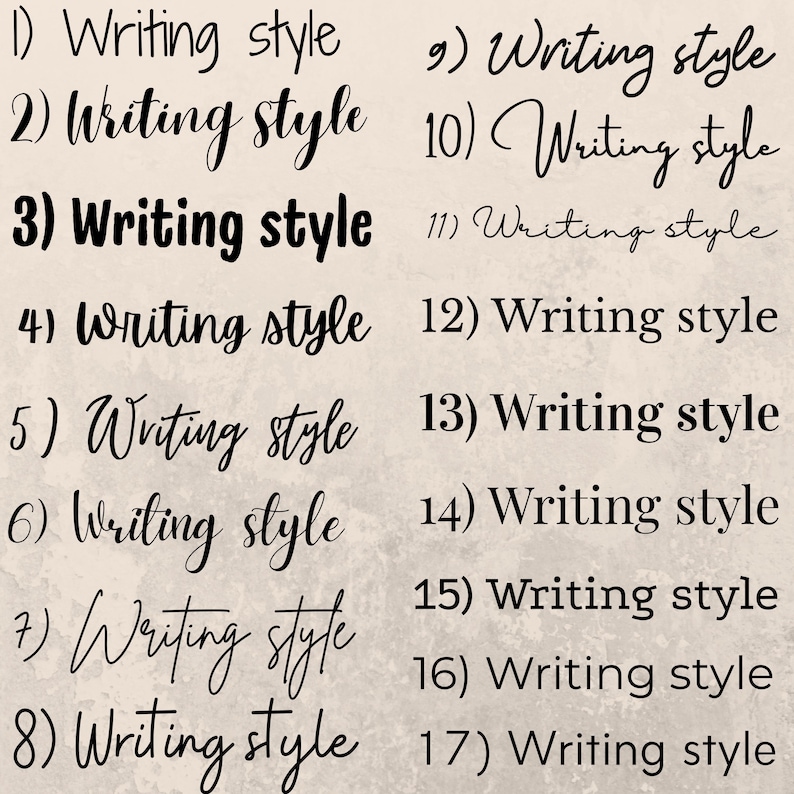 Puede incluir: Un fondo beige muestra diecisiete variaciones de la frase "Writing style" en diferentes fuentes y estilos. El texto es negro, con n&uacute;meros precediendo el texto.