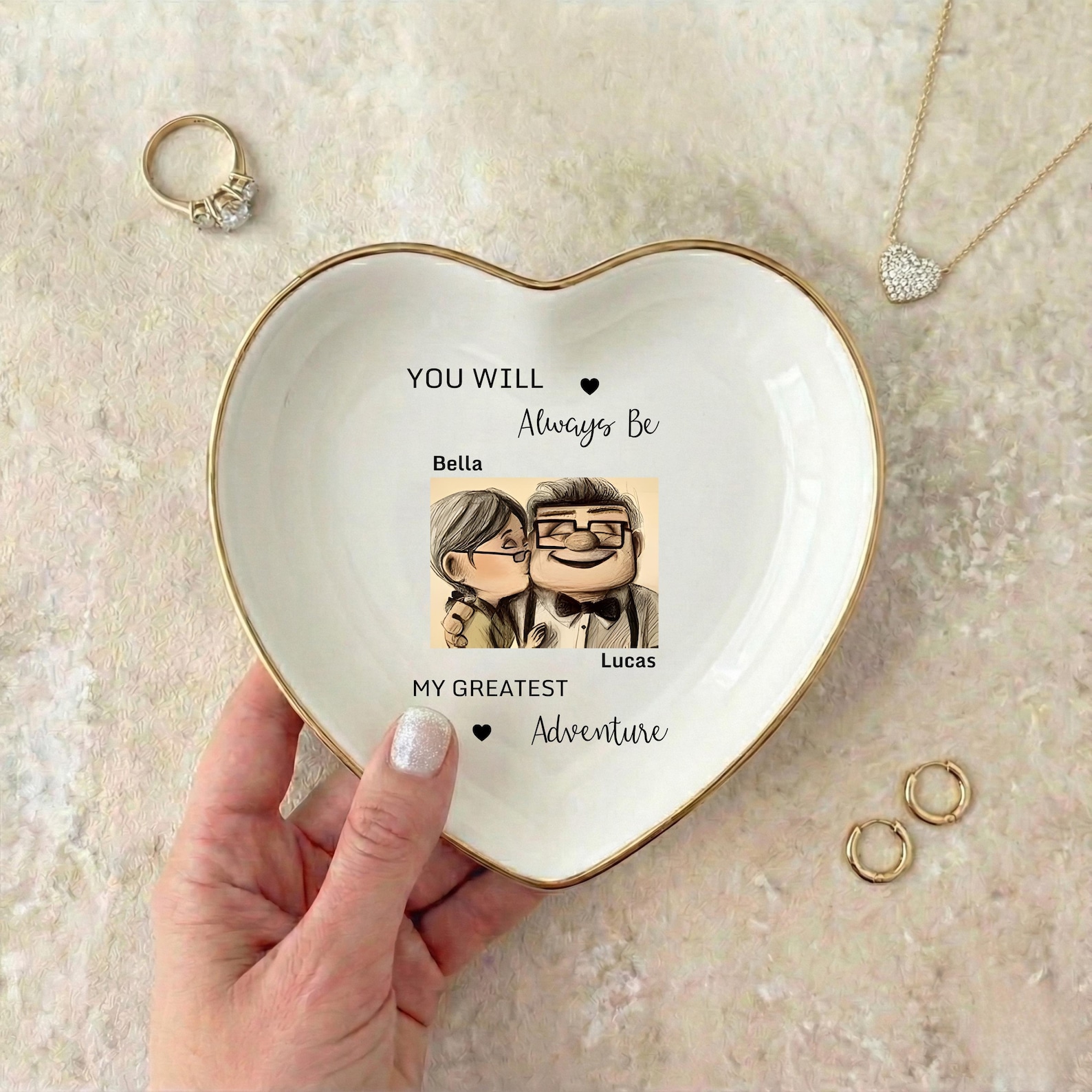 Personalized Up Movie Ring Dish, Custom Name Carl and Ellie Jewelry Tray, My Greatest Adventure Gift, Disney Anniversary Wedding Gift - Heart