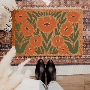 Retro Poppy Doormat, Boho Modern Gift for Home, Modern Botanical Floral Welcome Mat, Porch Decor Gift, Mid-Century Porch Decor, Scandinavia
