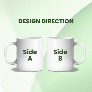 Puede incluir: Dos tazas de cer&aacute;mica blancas con asa, etiquetadas como "Side A" y "Side B" en texto verde. La frase "DESIGN DIRECTION" est&aacute; encima de las tazas. El fondo es un degradado verde claro.
