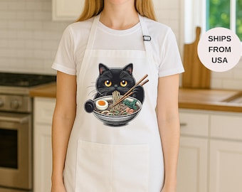 Delantal de gato con fideos, delantal para amantes de los gatos, delantal de gato negro, delantal de gato ramen, delantal de gato negro con fideos, delantal para hornear, delantal de cocina, regalo de repostería para mamá