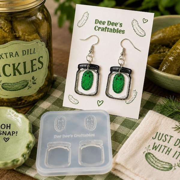Mini Pickle Jar Dangle Resin Mold | Tiny Dill Charm Earring & Shaker Filler Silicone Mold