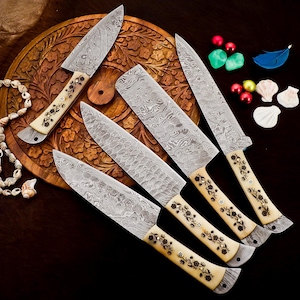 5 Pcs Damascus Steel Chef Knife Set | Handmade Kitchen Knives | Wedding Gift | Christmas Gift | Gift for Chef | Cooking Knife Set