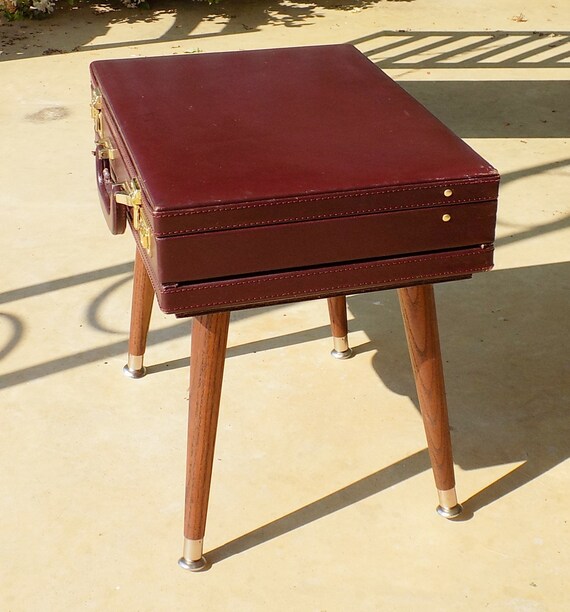 Upcycled Leather Briefcase Accent Table with File Storage and Wooden