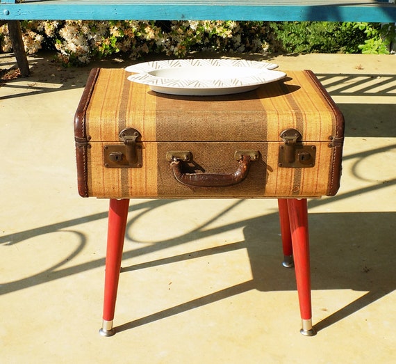 Upcycled Leather Briefcase Accent Table with File Storage and Wooden