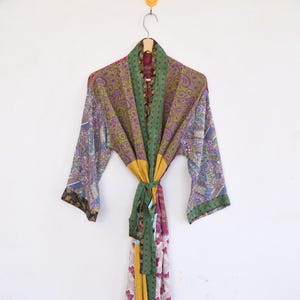 Vintage Silk Kantha Robe: Boho Patchwork Kimono Duster