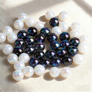 Iridescent White Black AB Beads, Aurora Borealis Round Beads, Acrylic Jewelry Beads, DIY Bracelet Necklace Supplies, Spacer Beads