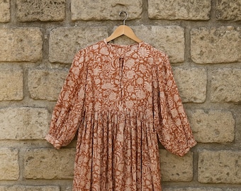 Floral Hand Block Print Kyra Midi Dress, Mini Dress, Soft Cotton Spring Dress, Summer Dress For Women, Deep Neck With String Closer