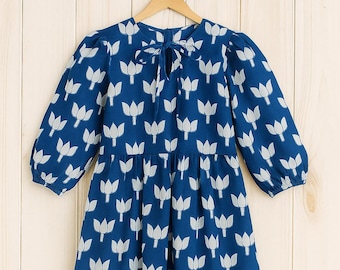 Indigo Floral Cotton Midi Dress | Hand Block Print Boho Outfit