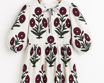 Floral Hand Block Print Kyra Midi Dress, Mini Dress, Soft Cotton Spring Dress, Summer Dress For Women, Deep Neck With String Closer