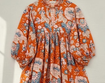 Handmade Cotton Block Print Maxi Dress - Relaxed Fit Boho Style