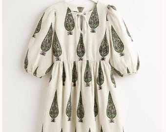 Hand Block Print Cotton Midi Dress, Indian Summer Dress