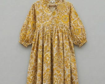 Hand Block Print Cotton Midi Dress, Indian Summer Dress
