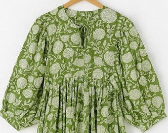 Floral Hand Block Print Kyra Midi Dress, Mini Dress, Soft Cotton Spring Dress, Summer Dress For Women, Deep Neck With String Closer