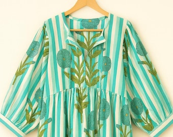 Cotton Hand Block Print Kyra Midi Dress, Mini Dress, Soft Cotton Spring Dress, Summer Dress For Women, Deep Neck With String Closer