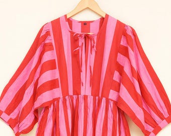 Hand Block Print Striped Cotton Dress, Indian Summer Dress