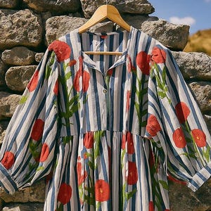 Floral Striped Hand Block Print Kyra Midi Dress, Mini Dress, Soft Cotton Spring Dress, Summer Dress For Women, Deep Neck With String Closer