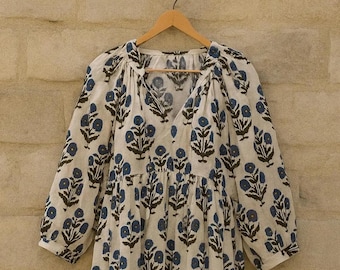 Floral Hand Block Print Kyra Midi Dress, Mini Dress, Soft Cotton Spring Dress, Summer Dress For Women, Deep Neck With String Closer