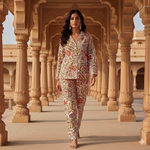 Op de afbeelding: Een bloemenprint pyjamaset in cr&egrave;me, rood en groen. De top met lange mouwen heeft een kraag en een knoopsluiting. De bijpassende broek heeft een relaxte pasvorm. De set wordt gedragen door een persoon die in een gang met sierlijke pilaren loopt.