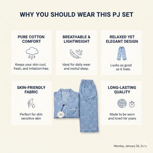 Peut inclure: Un ensemble de pyjama bleu clair &agrave; motifs floraux. L'ensemble comprend une chemise boutonn&eacute;e et un pantalon assorti. Le texte de l'image indique "POURQUOI VOUS DEVRIEZ PORTER CET ENSEMBLE DE PYJAMA" et met en &eacute;vidence des caract&eacute;ristiques telles que "Confort pur coton".