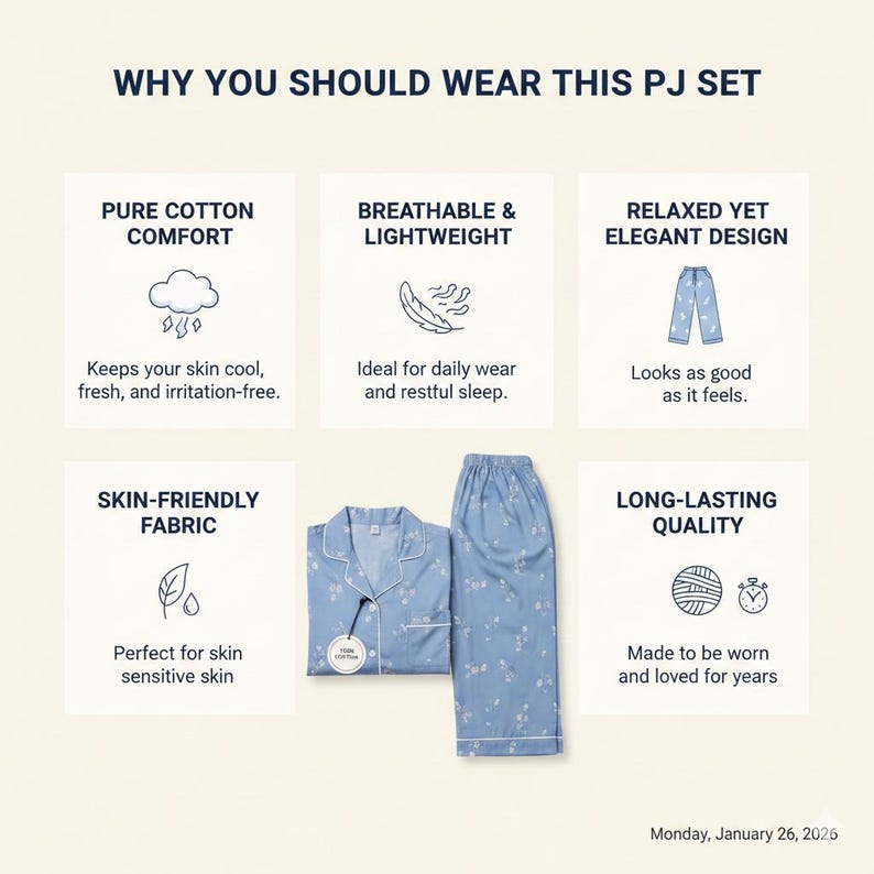 Peut inclure: Un ensemble de pyjama bleu clair &agrave; motifs floraux. L'ensemble comprend une chemise boutonn&eacute;e et un pantalon assorti. Le texte de l'image indique "POURQUOI VOUS DEVRIEZ PORTER CET ENSEMBLE DE PYJAMA" et met en &eacute;vidence des caract&eacute;ristiques telles que "Confort pur coton".