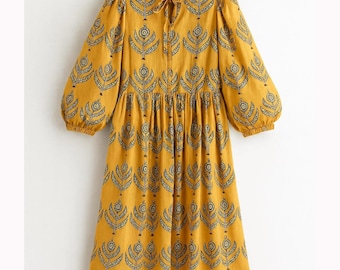 Hand Block Print Cotton Midi Dress, Indian Summer Dress