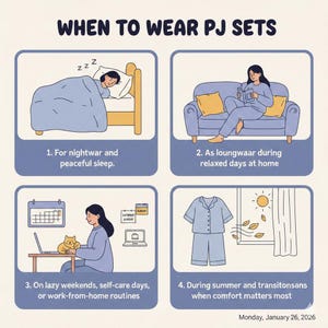 Peut inclure: Une illustration intitul&eacute;e &laquo;&nbsp;QUAND PORTER DES ENSEMBLES DE PYJAMAS&nbsp;&raquo; montre quatre sc&eacute;narios. Ceux-ci incluent dormir, se pr&eacute;lasser, travailler &agrave; domicile et en &eacute;t&eacute;. Le texte comprend la date&nbsp;: lundi 26&nbsp;janvier&nbsp;2026.