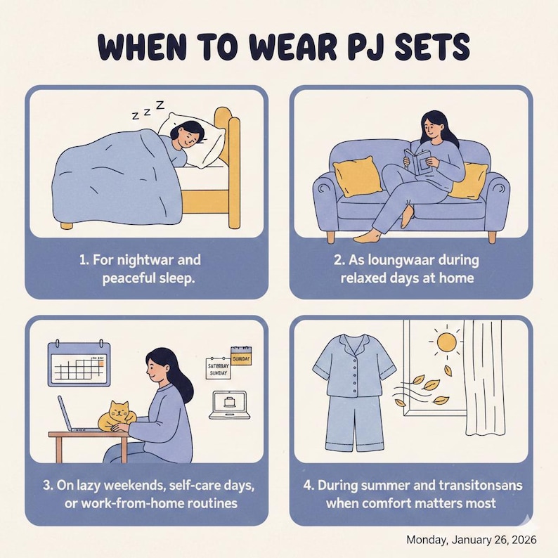 Peut inclure: Une illustration intitul&eacute;e &laquo;&nbsp;QUAND PORTER DES ENSEMBLES DE PYJAMAS&nbsp;&raquo; montre quatre sc&eacute;narios. Ceux-ci incluent dormir, se pr&eacute;lasser, travailler &agrave; domicile et en &eacute;t&eacute;. Le texte comprend la date&nbsp;: lundi 26&nbsp;janvier&nbsp;2026.