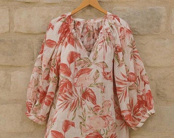 Floral Hand Block Print Kyra Midi Dress, Mini Dress, Soft Cotton Spring Dress, Summer Dress For Women, Deep Neck With String Closer