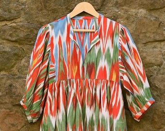 Cotton Ikhat Hand Block Print Kyra Midi Dress, Mini Dress, Soft Cotton Spring Dress, Summer Dress For Women, Deep Neck With String Closer