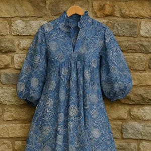 Beach blue cotton block printed long summer maxi dress / v neckline boho long maxi dress / 3/4th sleeve with button long maxi dress