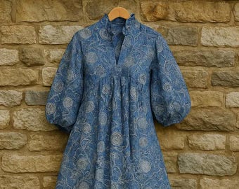Blue Cotton Maxi Dress, V Neck Boho Handblock Print