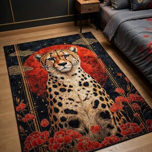 May include: A rectangular area rug featuring a cheetah design. The rug has a black background with a red sun and red flowers. The cheetah is in the center, with a spotted coat.