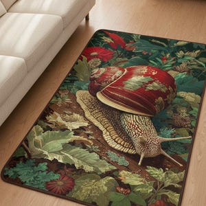 Könnte beinhalten: Rechteckiger Teppich mit einer detaillierten Illustration einer Schnecke mit rotem und cremefarbenem Gehäuse, die auf einem Baumstamm inmitten von üppigem grünem Laub und roten Blumen kriecht. Der Teppich hat einen dunkelbraunen Rand.